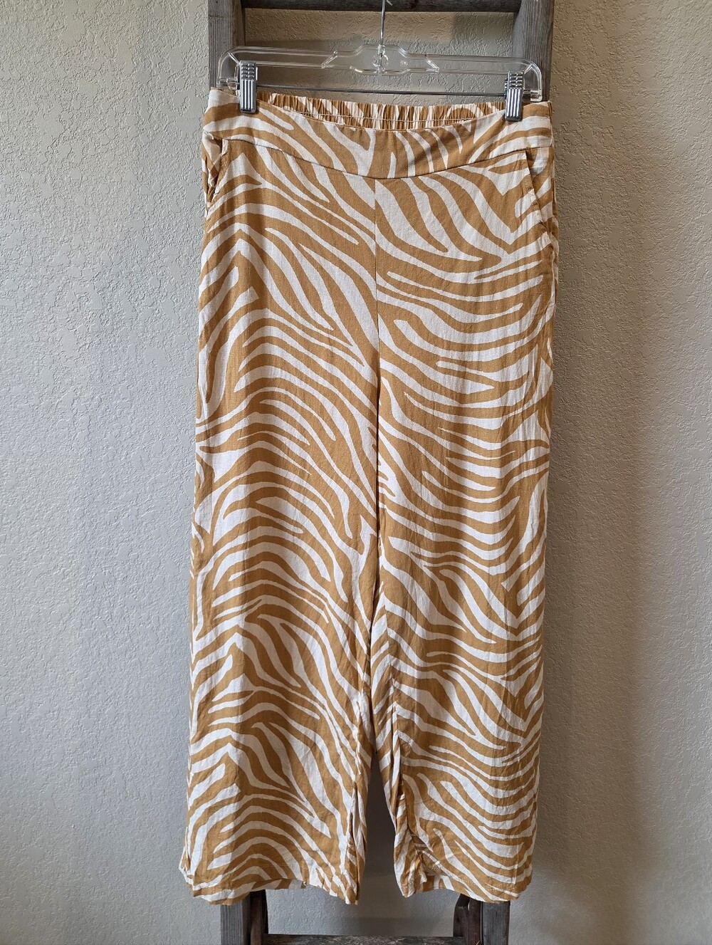 Rachel Zoe Womens Linen Mustard & White Zebra Print Wide-Leg Pants - Size Medium